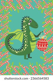 Christmas card with cute green dragon. Year of the Dragon 2024, China.