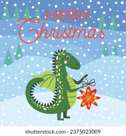 Christmas card with cute green dragon. Year of the Dragon 2024, China.