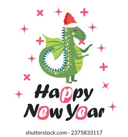 Christmas card with cute green dragon. Year of the Dragon 2024, China.