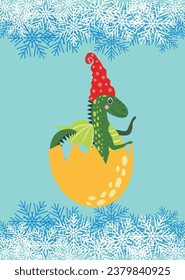 Christmas card with cute green dragon. Year of the Dragon 2024, China.