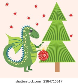 Christmas card with cute green dragon. Year of the Dragon 2024, China.