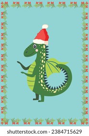 Christmas card with cute green dragon. Year of the Dragon 2024, China.