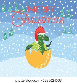 Christmas card with cute green dragon. Year of the Dragon 2024, China.