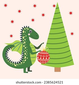 Christmas card with cute green dragon. Year of the Dragon 2024, China.