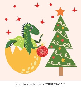 Christmas card with cute green dragon. Year of the Dragon 2024, China.