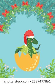 Christmas card with cute green dragon. Year of the Dragon 2024, China.
