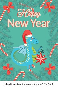 Christmas card with cute green dragon. Year of the Dragon 2024, China.
