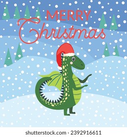 Christmas card with cute green dragon. Year of the Dragon 2024, China.