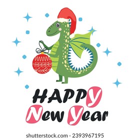 Christmas card with cute green dragon. Year of the Dragon 2024, China.