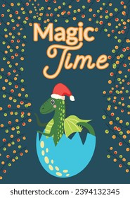 Christmas card with cute green dragon. Year of the Dragon 2024, China.