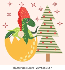 Christmas card with cute green dragon. Year of the Dragon 2024, China.