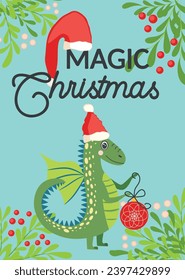 Christmas card with cute green dragon. Year of the Dragon 2024, China.