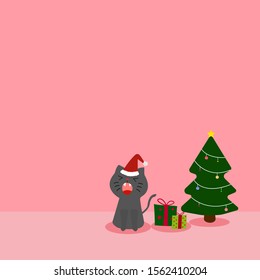 Christmas card with cute grey cat with space