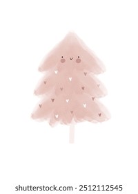 Christmas Card With Cute Happy Tree. Funny Hand Drawn Winter Holidays Print with Pink Christmas Tree. Kawaii Style Cartoon of Smiling Pink Tree with Baubles of Heart Shape on a White Background. RGB.