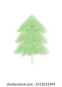 Christmas Card With Cute Happy Tree. Funny Hand Drawn Winter Holidays Print with Christmas Tree. Kawaii Style Cartoon of Smiling Green Tree with Baubles of Heart Shape on a White Background. RGB.