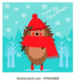 Christmas card with cute hedgehog in the cap and scarf