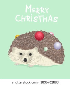 Christmas card with cute hedgehog. Vector cartoon illustration.
