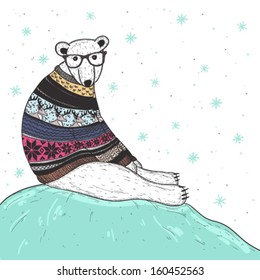 Christmas card with cute hipster polar bear. Bear with fair isle style sweater.