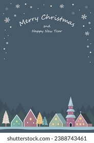 Christmas card with cute houses and snowflakes. Vector illustration.