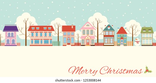 Christmas card with cute houses in victorian style. Background, flyer, placard with xmas scene. Vector template card, sticker for New year greeting, decoration, congratulation. EPS8