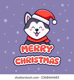 Christmas card with cute husky dog wearing Santa Claus hat. Vector illustration in cartoon style