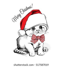 Christmas card. Cute kitten in the red Santa's cap and with striped bow. Vector illustration.