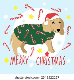 Christmas card, cute labrador dog in Santa Claus hat, gifts boxes, sugar sticks,Christmas tree. Vector illustration.