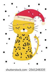 Christmas card with a cute leopard illustration wearing a Santa hat tangled in light bulbs garland. 