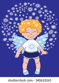 Christmas card with a cute little angel on 
the background of stars