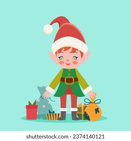Christmas card, cute little Elf with gifts. Vector flat illustration.