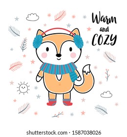 Christmas card with cute little fox. Funny winter animals, cartoon character. Inspiration phrase Warm and cozy. Hand drawn lettering. Printable greeting postcard design. Vector illustration