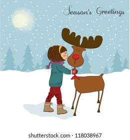 Christmas card with cute little girl caress a reindeer. Vector illustration