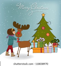 Christmas card with cute little girl caress a reindeer. Vector illustration