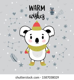 Christmas card with cute little koala. Funny winter animals, cartoon character. Inspiration phrase Warm wishes. Hand drawn lettering. Printable greeting postcard design. Vector illustration