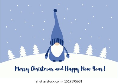 Christmas card with cute  little Scandinavian gnome. Fantastic character of dwarf. Flat design. Vector illustration.