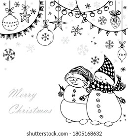 Christmas card with cute little snowmen and holiday decoration. Black and white vector doodle illustration.