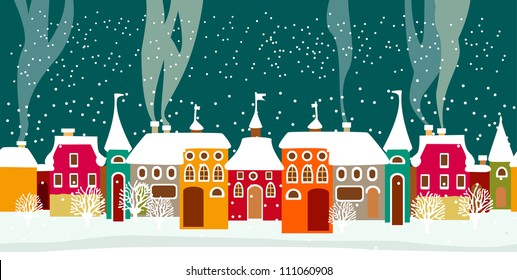 Christmas card with cute little town. seamless