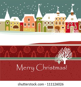 Christmas card with cute little town in winter