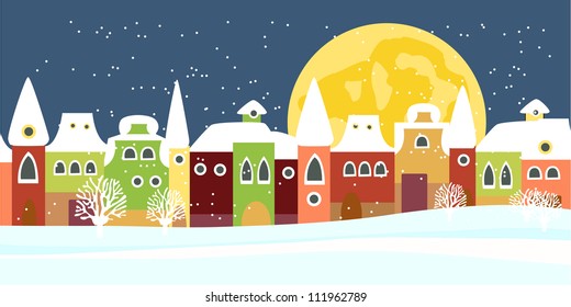 Christmas card with cute little town. seamless