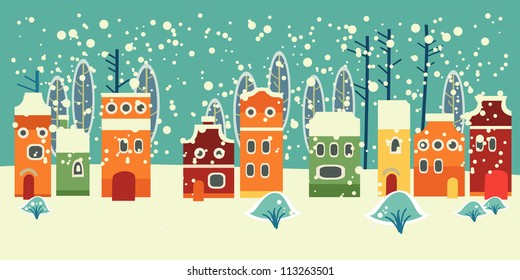 Christmas card with cute little town. seamless