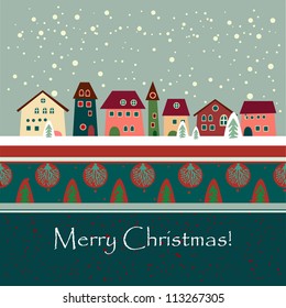 Christmas card with cute little town in winter