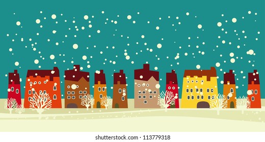 Christmas card with cute little town. seamless