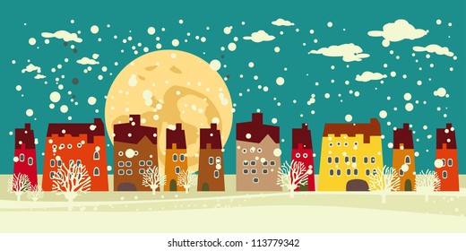 Christmas card with cute little town. seamless