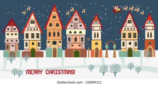 Christmas card with cute little town. seamless