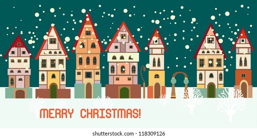 Christmas card with cute little town. seamless