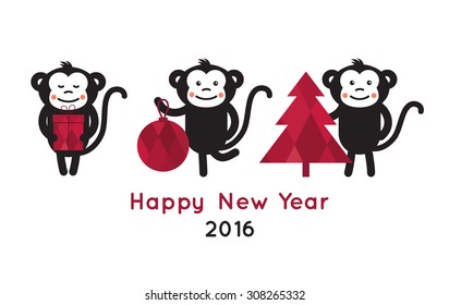 Christmas card with cute monkey in cartoon style. Set of funny cartoon monkey