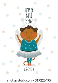 Christmas card with cute monkey. New year postcard with cartoon animal on white background