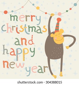 Christmas card with cute  monkey in winter cap in cartoon style