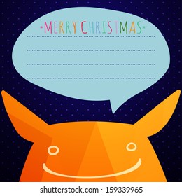 Christmas card  with cute monster. background made of triangles. Square composition with geometric shapes. 