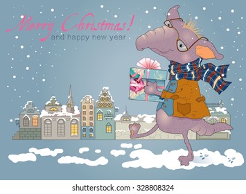 Christmas card with cute monster carrying gift on winter town background. Vector illustration